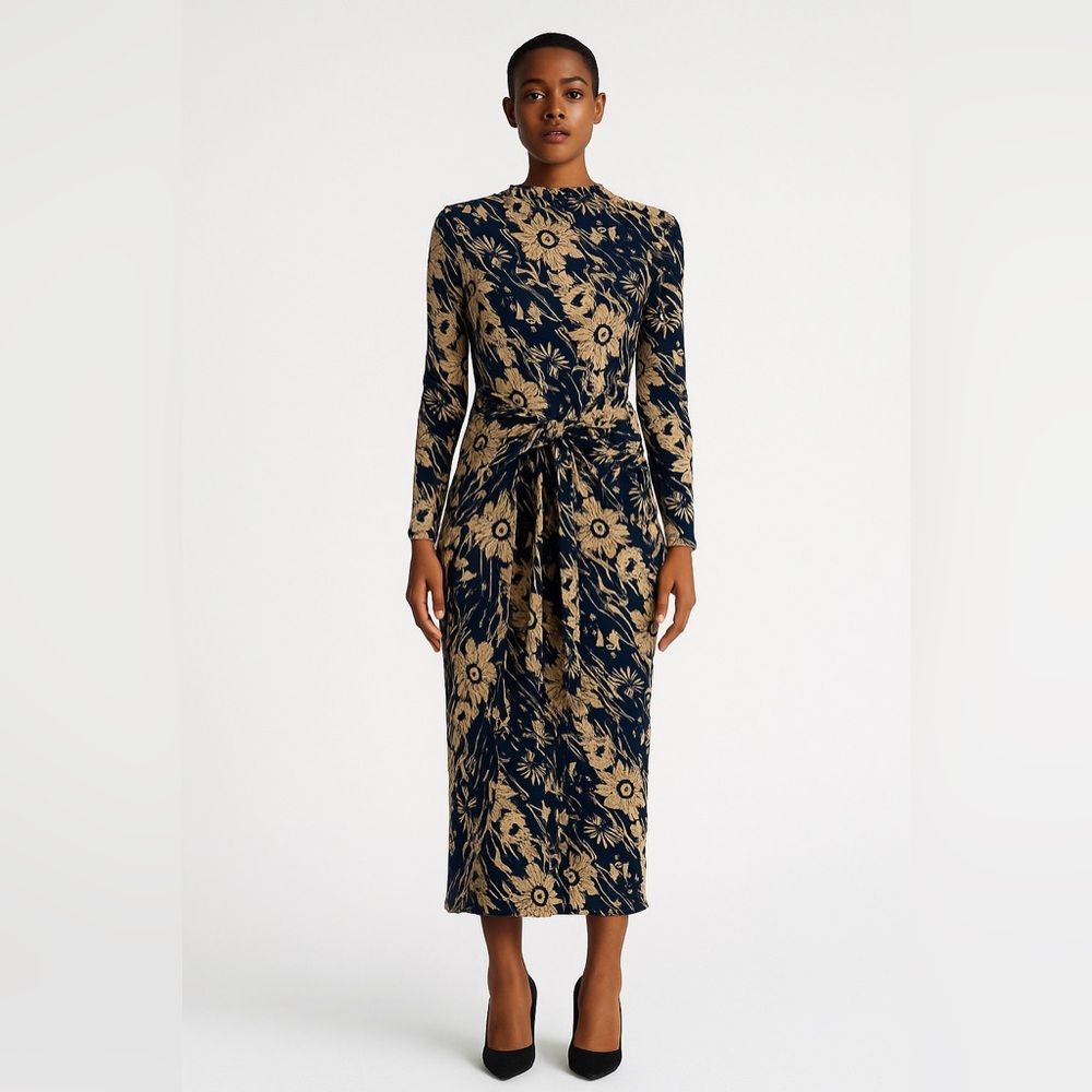 Amour Vert Floral Mock‎ Neck Dress Sz XS Tan Floral Print